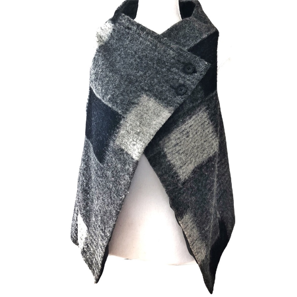 Wool Blend Gray & Black Plaid Poncho …